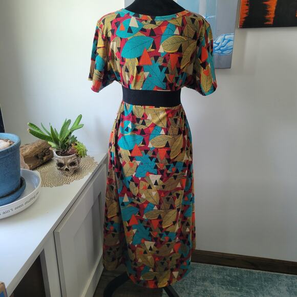 LuLaRoe Carly Dress Size L Gold  Leaf & Turquoise Triangle Pattern | Boho Tunic - Picture 2 of 9